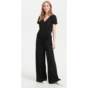 Fransa Black Belted Short Sleeve Accordion Pleated Wide Leg Jumpsuit Size L